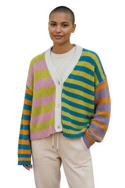 Rails Geneva Mixed Stripe Cardigan Sweater Size L Colorful Pink Yellow Blue